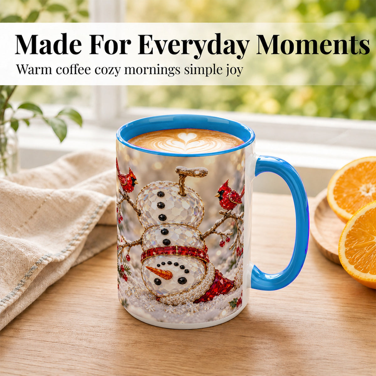 #pl[15oz|Blue] Winter Snowman Coffee Mug, Red Cardinal Mug, Ceramic Cup