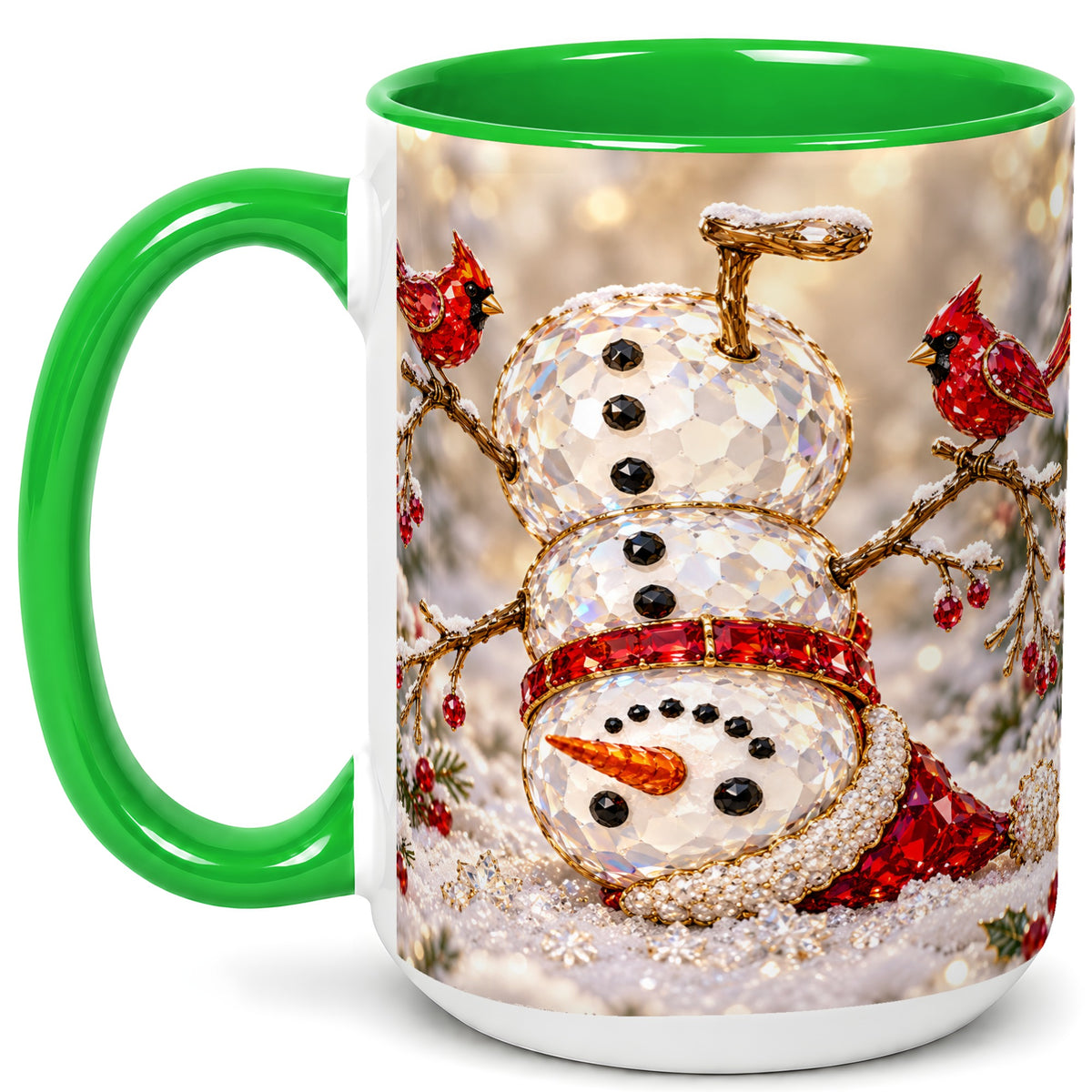 #pl[15oz|Green] Winter Snowman Coffee Mug, Red Cardinal Mug, Ceramic Cup