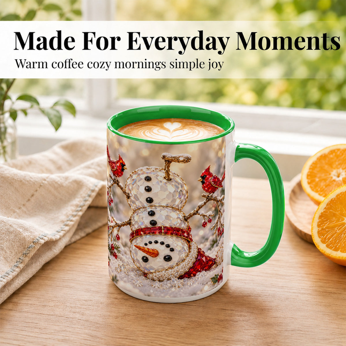 #pl[15oz|Green] Winter Snowman Coffee Mug, Red Cardinal Mug, Ceramic Cup