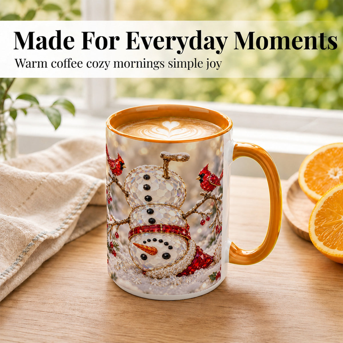 #pl[15oz|Orange] Winter Snowman Coffee Mug, Red Cardinal Mug, Ceramic Cup