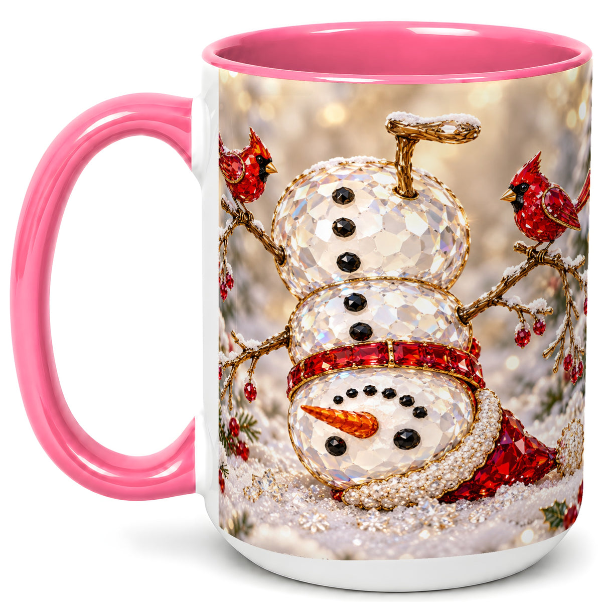#pl[15oz|Pink] Winter Snowman Coffee Mug, Red Cardinal Mug, Ceramic Cup