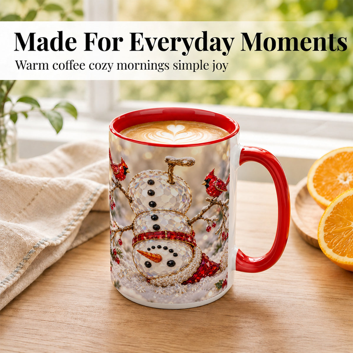 #pl[15oz|Red] Winter Snowman Coffee Mug, Red Cardinal Mug, Ceramic Cup
