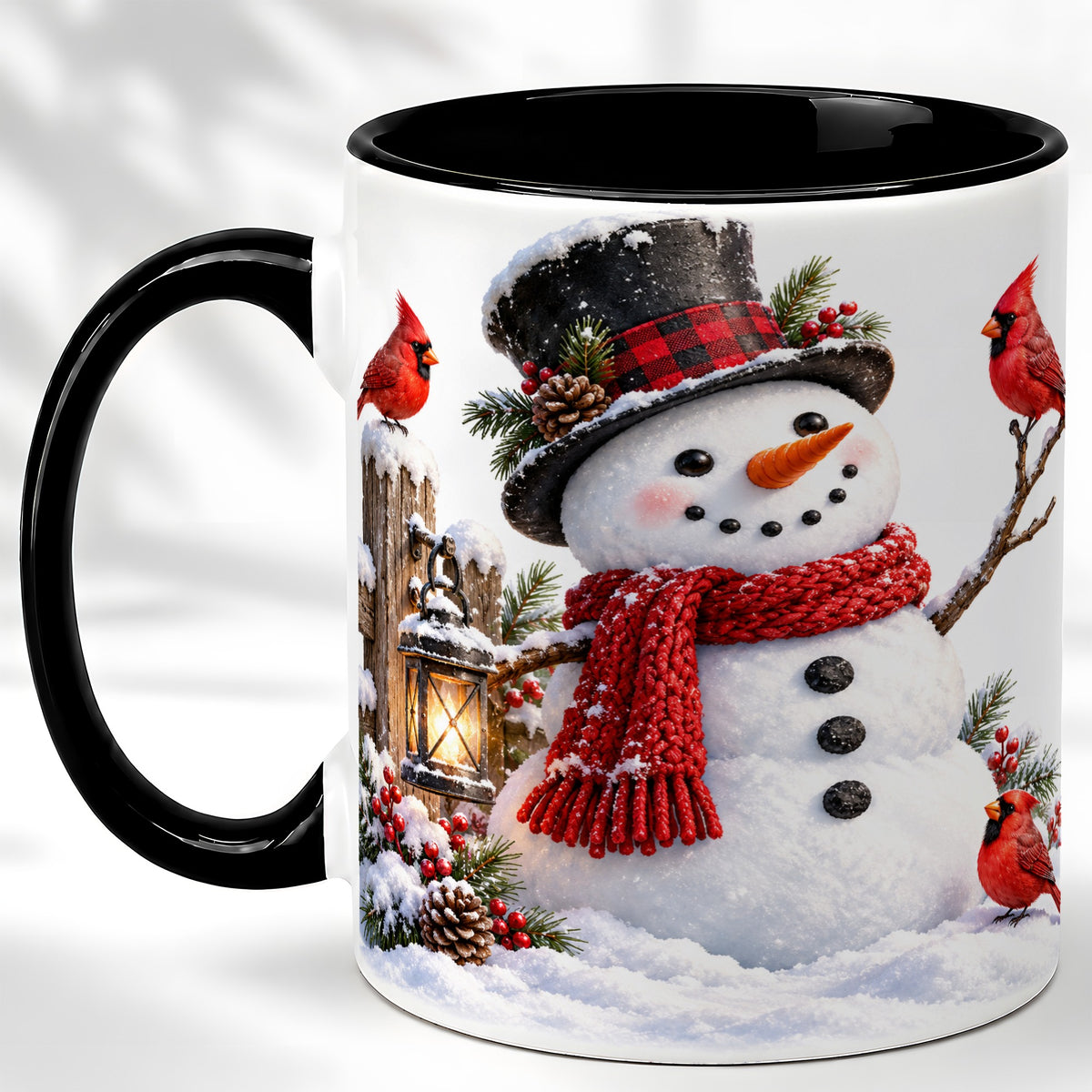 #pl[11oz|Black] Snowman Cardinal Coffee Mug, Winter Scene Mug, Ceramic Cup