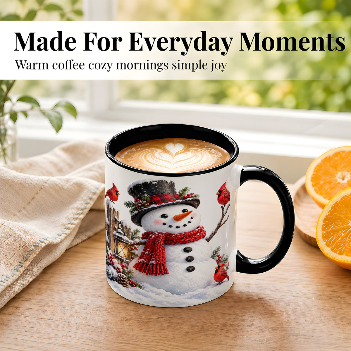 #pl[11oz|Black] Snowman Cardinal Coffee Mug, Winter Scene Mug, Ceramic Cup