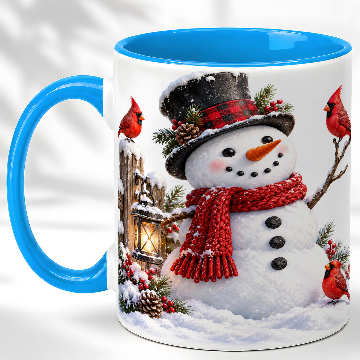 #pl[11oz|Blue] Snowman Cardinal Coffee Mug, Winter Scene Mug, Ceramic Cup