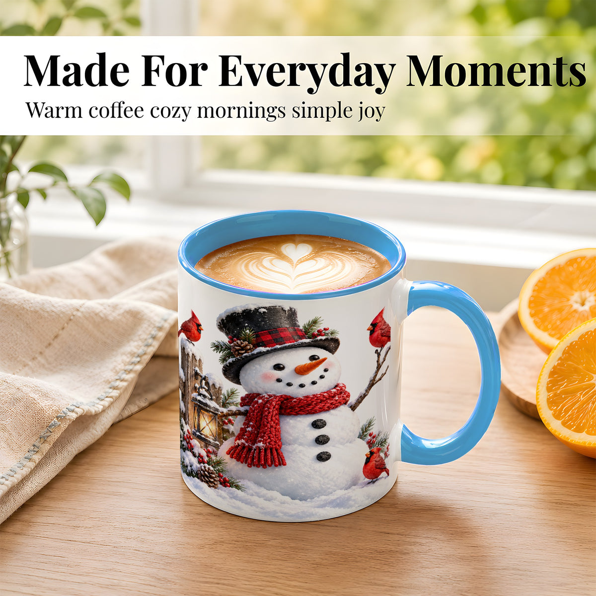 #pl[11oz|Blue] Snowman Cardinal Coffee Mug, Winter Scene Mug, Ceramic Cup