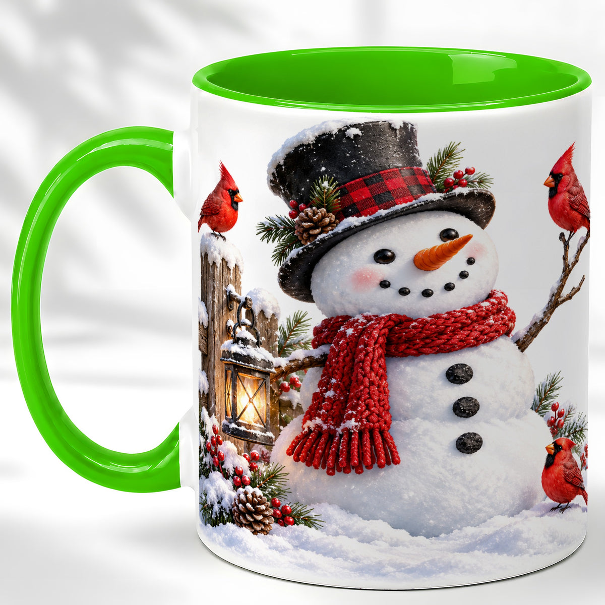 #pl[11oz|Green] Snowman Cardinal Coffee Mug, Winter Scene Mug, Ceramic Cup