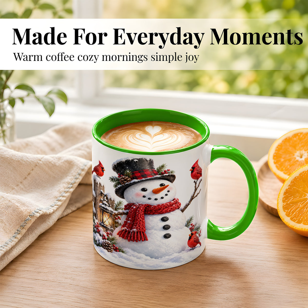 #pl[11oz|Green] Snowman Cardinal Coffee Mug, Winter Scene Mug, Ceramic Cup