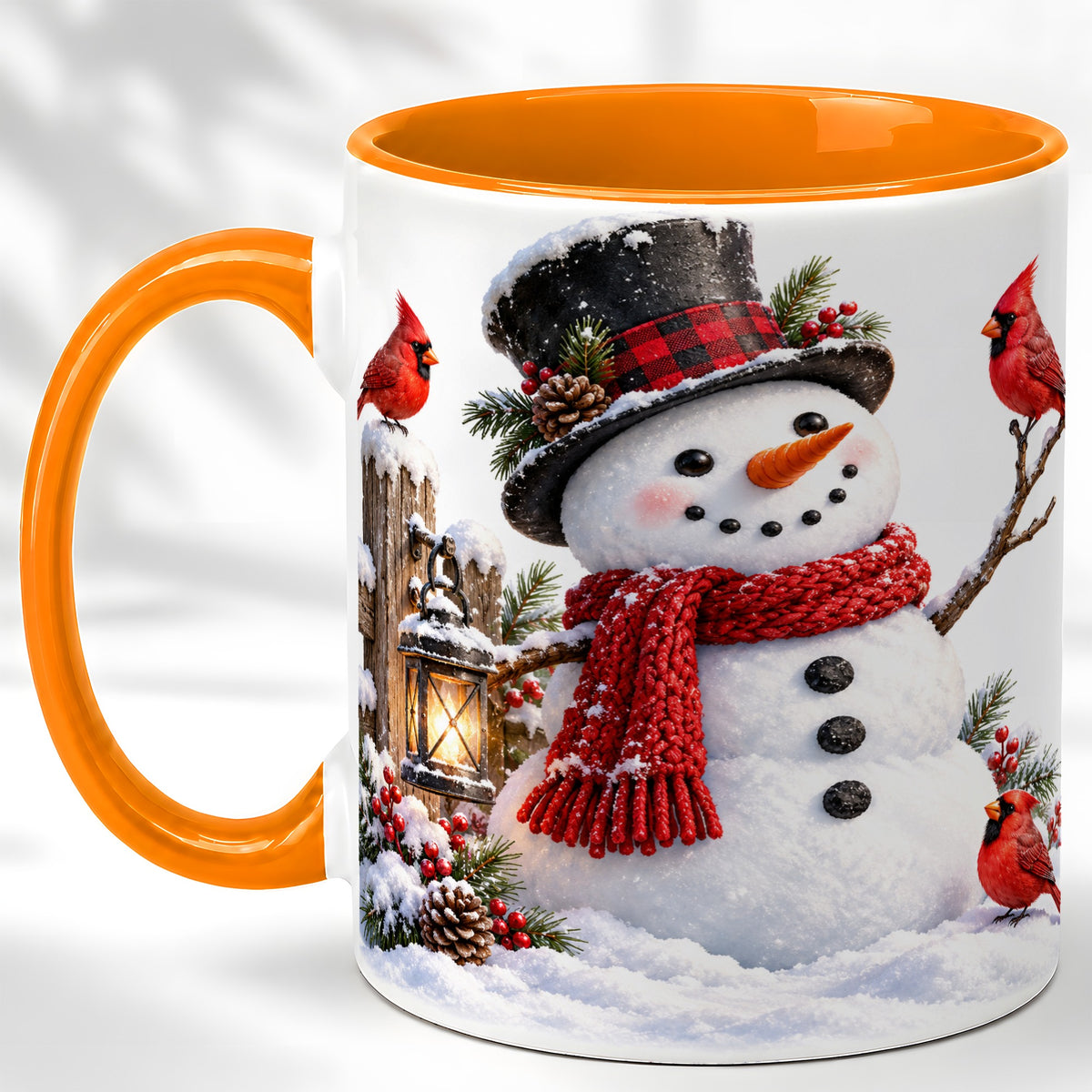 #pl[11oz|Orange] Snowman Cardinal Coffee Mug, Winter Scene Mug, Ceramic Cup