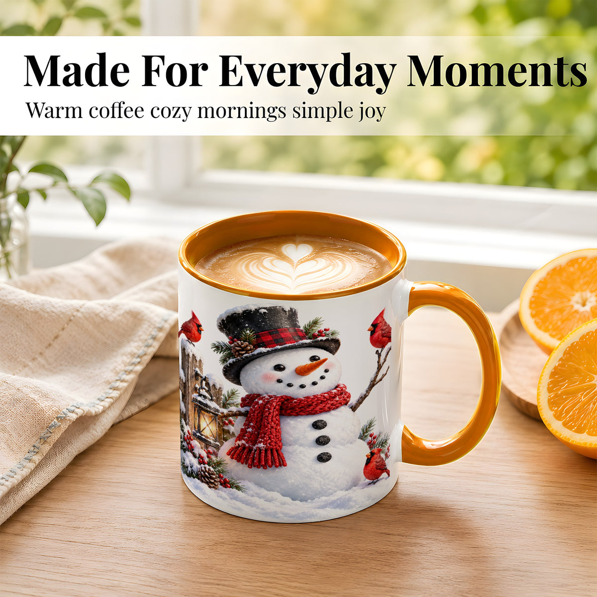 #pl[11oz|Orange] Snowman Cardinal Coffee Mug, Winter Scene Mug, Ceramic Cup