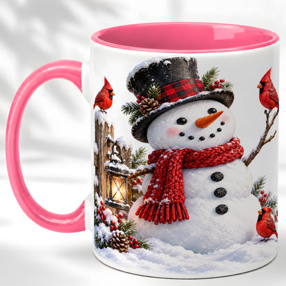 #pl[11oz|Pink] Snowman Cardinal Coffee Mug, Winter Scene Mug, Ceramic Cup