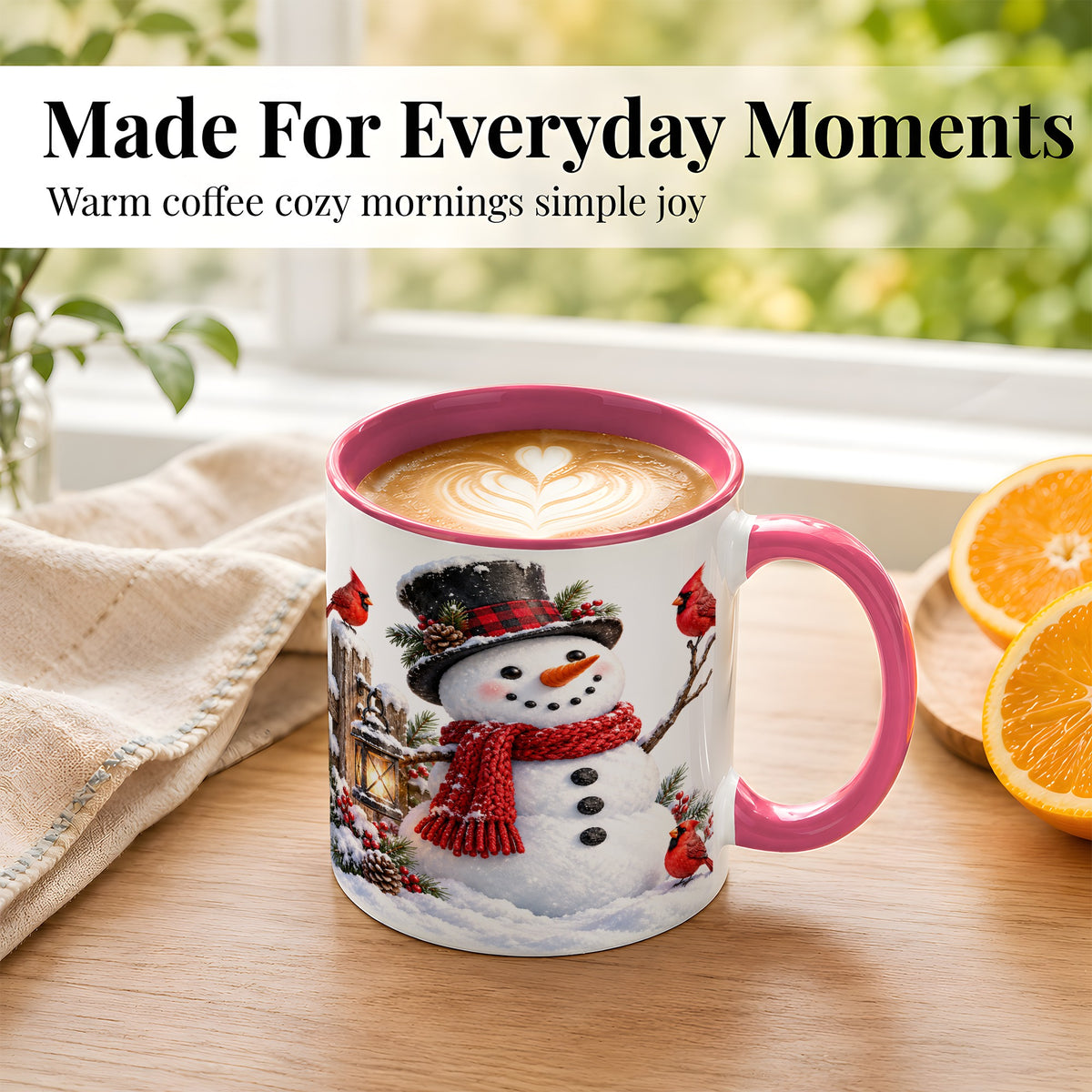 #pl[11oz|Pink] Snowman Cardinal Coffee Mug, Winter Scene Mug, Ceramic Cup