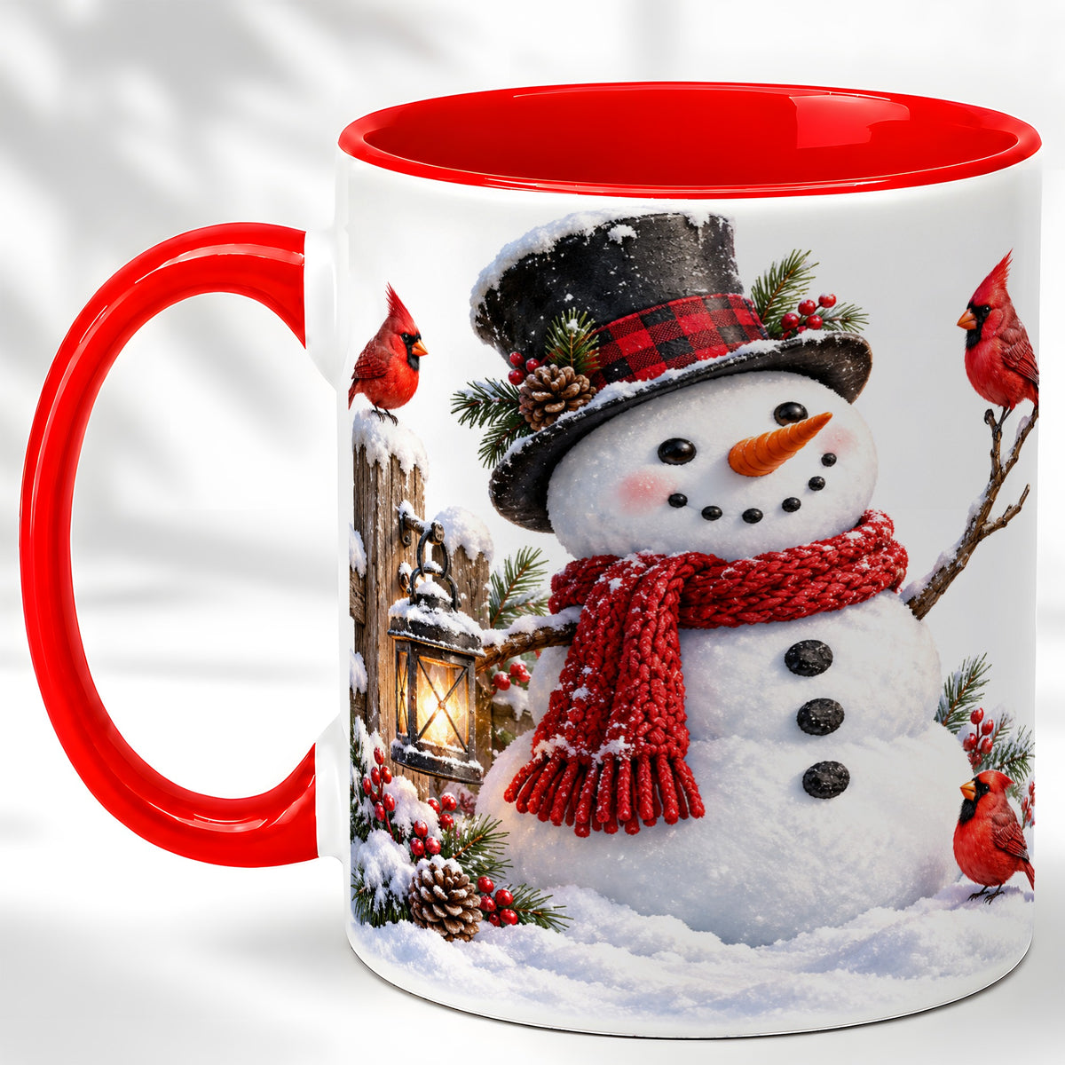 Snowman Cardinal Coffee Mug, Winter Scene Mug, Ceramic Cup