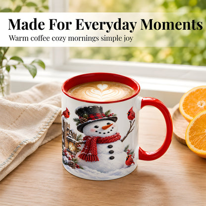 #pl[11oz|Red] Snowman Cardinal Coffee Mug, Winter Scene Mug, Ceramic Cup