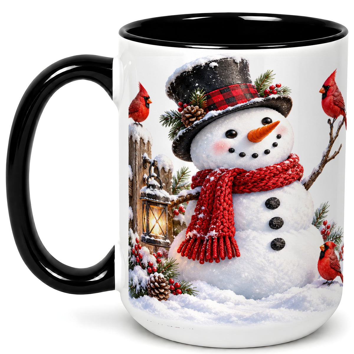 #pl[15oz|Black] Snowman Cardinal Coffee Mug, Winter Scene Mug, Ceramic Cup