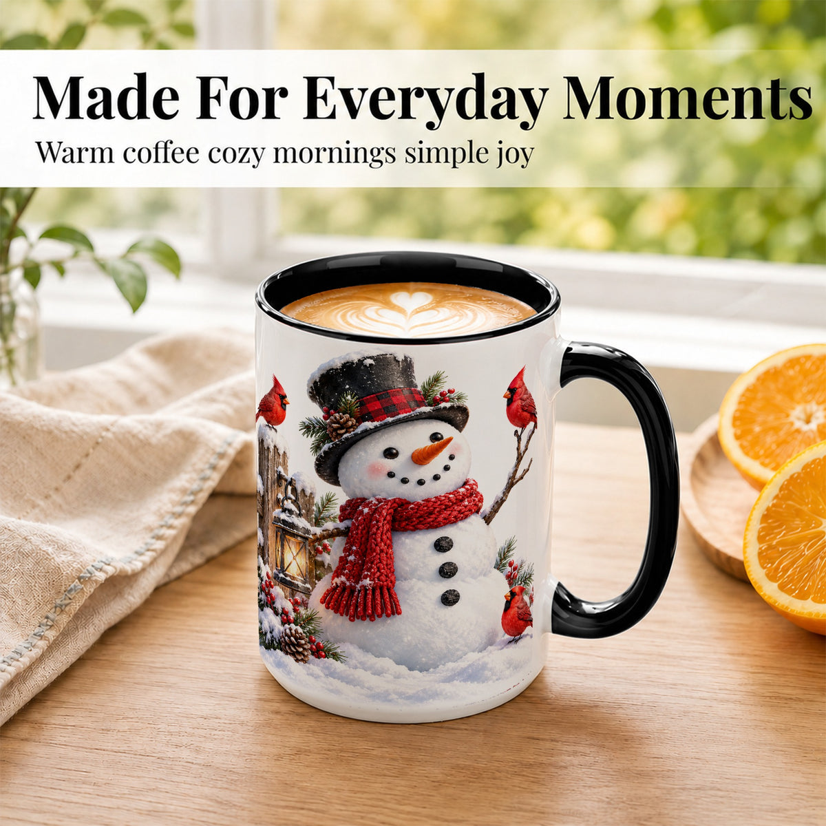 #pl[15oz|Black] Snowman Cardinal Coffee Mug, Winter Scene Mug, Ceramic Cup