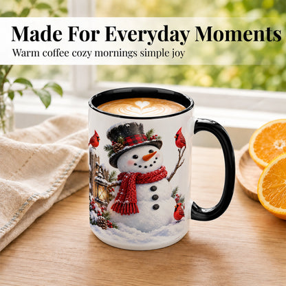 #pl[15oz|Black] Snowman Cardinal Coffee Mug, Winter Scene Mug, Ceramic Cup