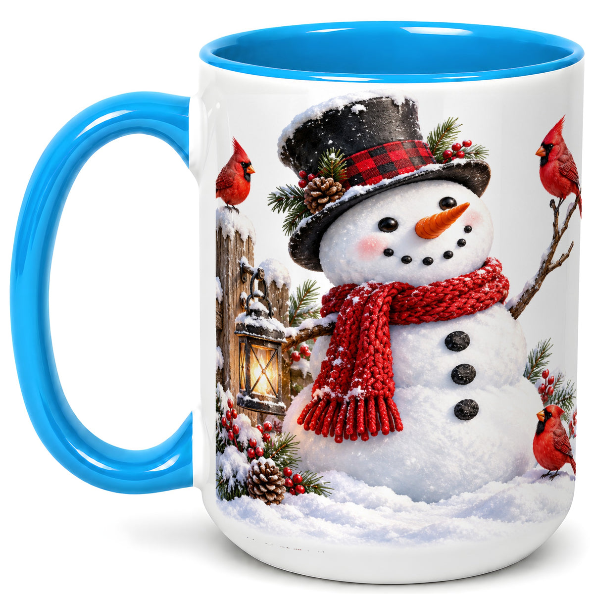 #pl[15oz|Blue] Snowman Cardinal Coffee Mug, Winter Scene Mug, Ceramic Cup