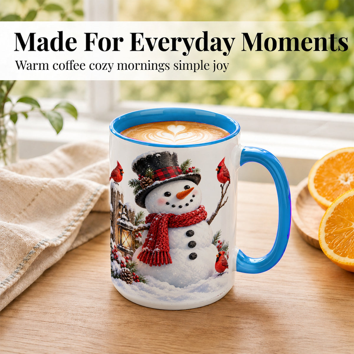 #pl[15oz|Blue] Snowman Cardinal Coffee Mug, Winter Scene Mug, Ceramic Cup