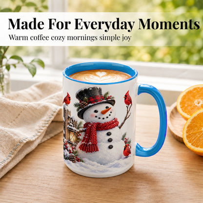 #pl[15oz|Blue] Snowman Cardinal Coffee Mug, Winter Scene Mug, Ceramic Cup