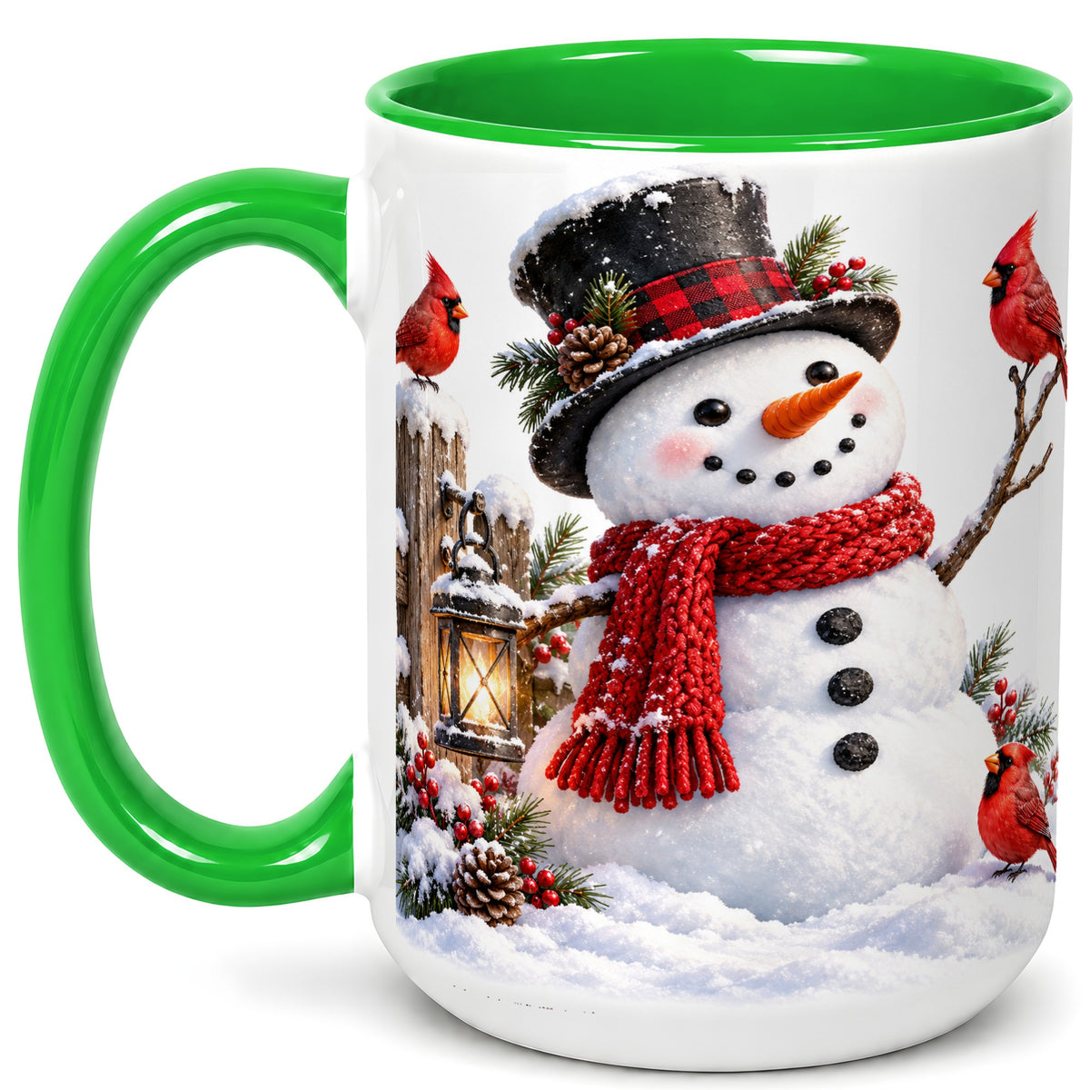 #pl[15oz|Green] Snowman Cardinal Coffee Mug, Winter Scene Mug, Ceramic Cup