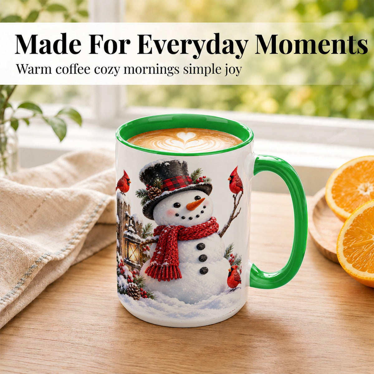 #pl[15oz|Green] Snowman Cardinal Coffee Mug, Winter Scene Mug, Ceramic Cup
