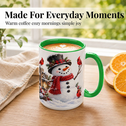 #pl[15oz|Green] Snowman Cardinal Coffee Mug, Winter Scene Mug, Ceramic Cup
