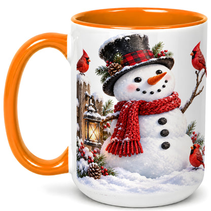 #pl[15oz|Orange] Snowman Cardinal Coffee Mug, Winter Scene Mug, Ceramic Cup