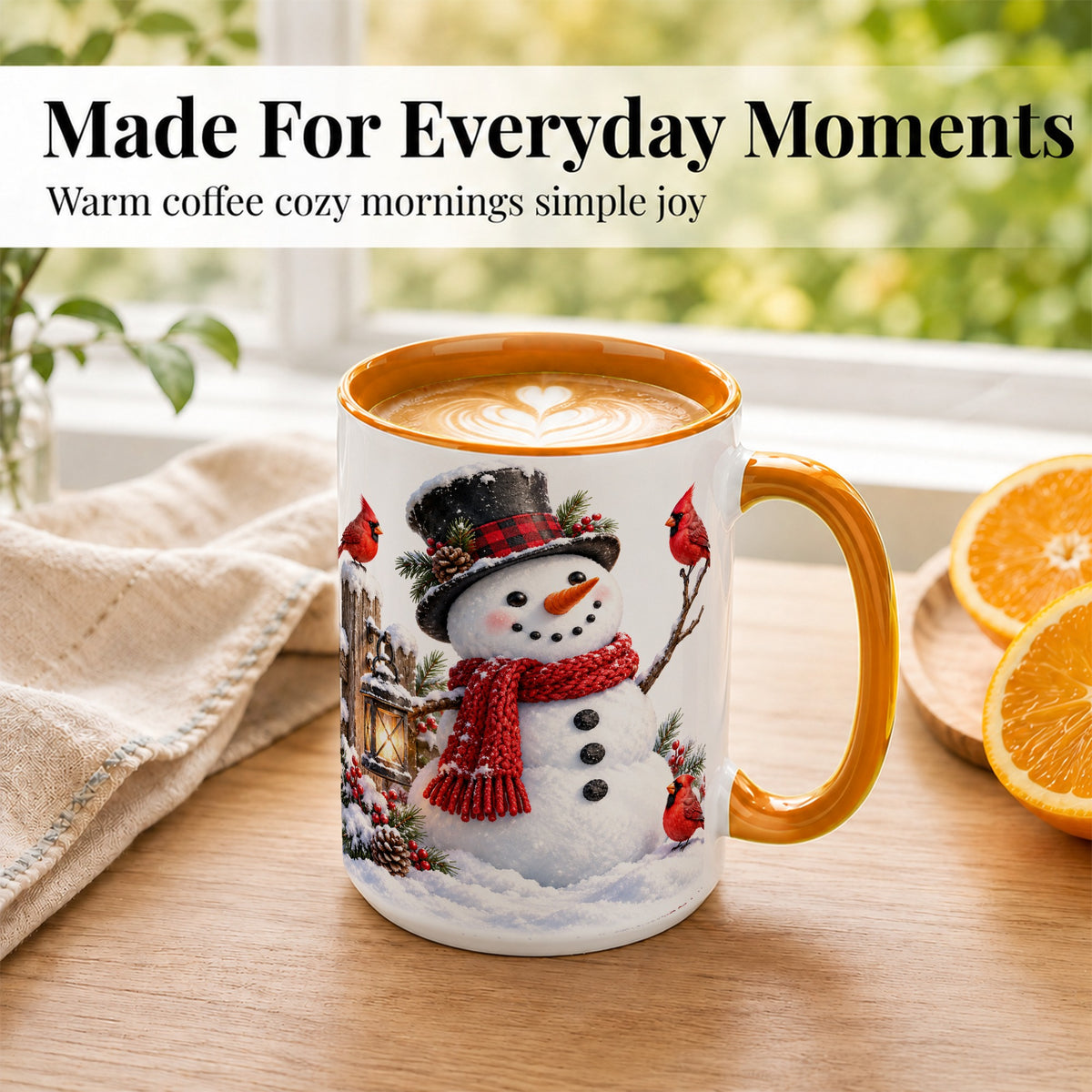#pl[15oz|Orange] Snowman Cardinal Coffee Mug, Winter Scene Mug, Ceramic Cup