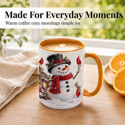 #pl[15oz|Orange] Snowman Cardinal Coffee Mug, Winter Scene Mug, Ceramic Cup