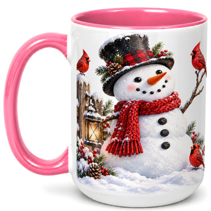 #pl[15oz|Pink] Snowman Cardinal Coffee Mug, Winter Scene Mug, Ceramic Cup