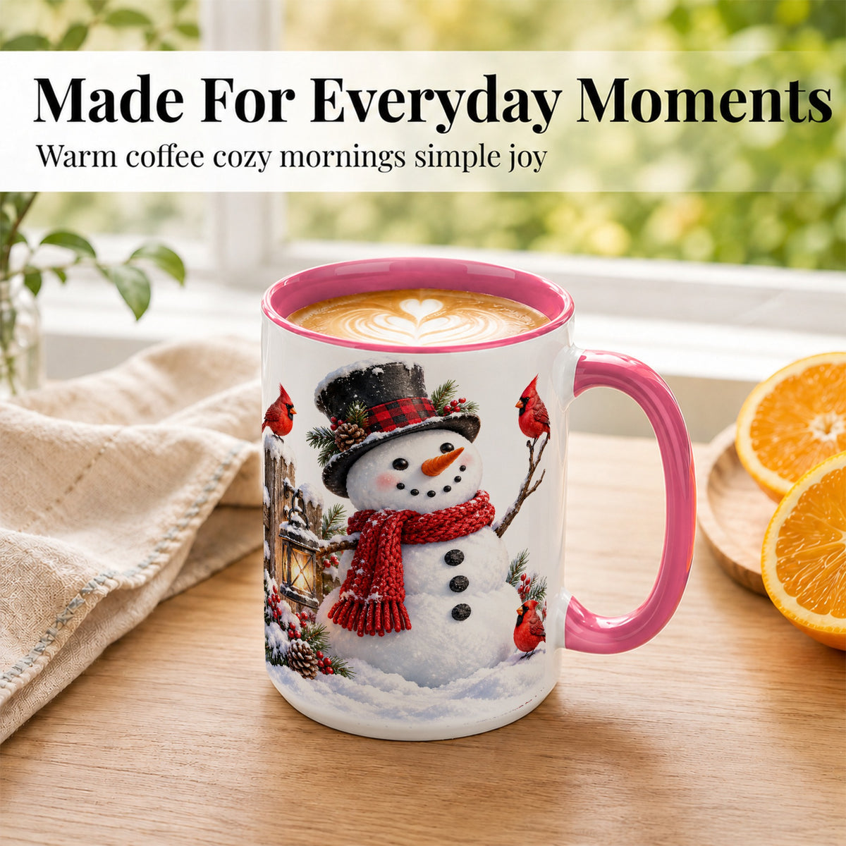 #pl[15oz|Pink] Snowman Cardinal Coffee Mug, Winter Scene Mug, Ceramic Cup