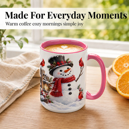 #pl[15oz|Pink] Snowman Cardinal Coffee Mug, Winter Scene Mug, Ceramic Cup