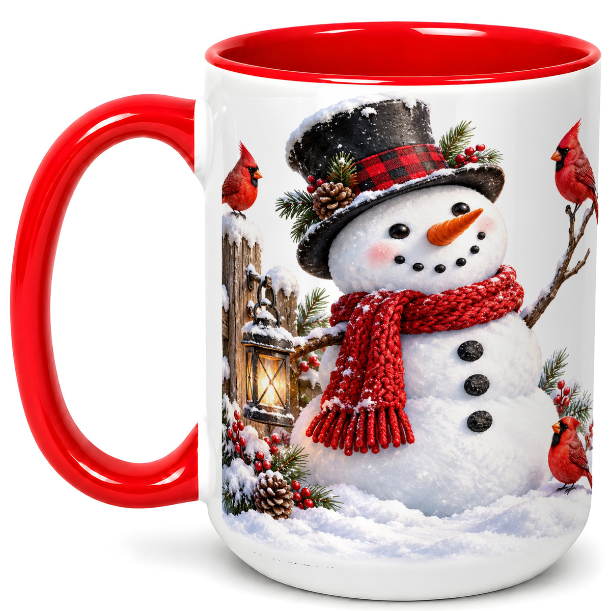 #pl[15oz|Red] Snowman Cardinal Coffee Mug, Winter Scene Mug, Ceramic Cup