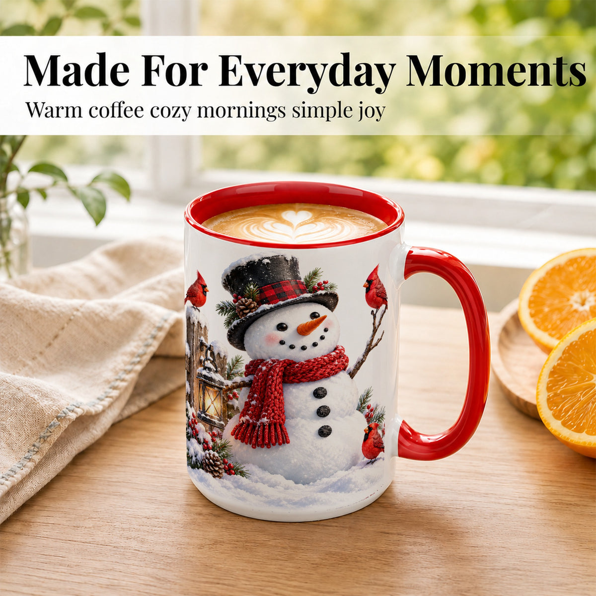 #pl[15oz|Red] Snowman Cardinal Coffee Mug, Winter Scene Mug, Ceramic Cup