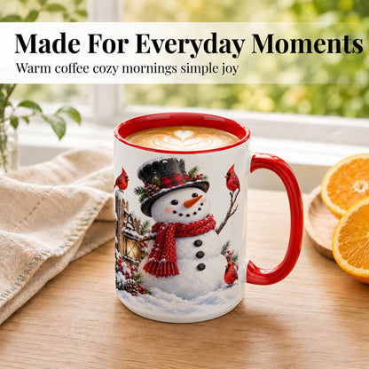#pl[15oz|Red] Snowman Cardinal Coffee Mug, Winter Scene Mug, Ceramic Cup