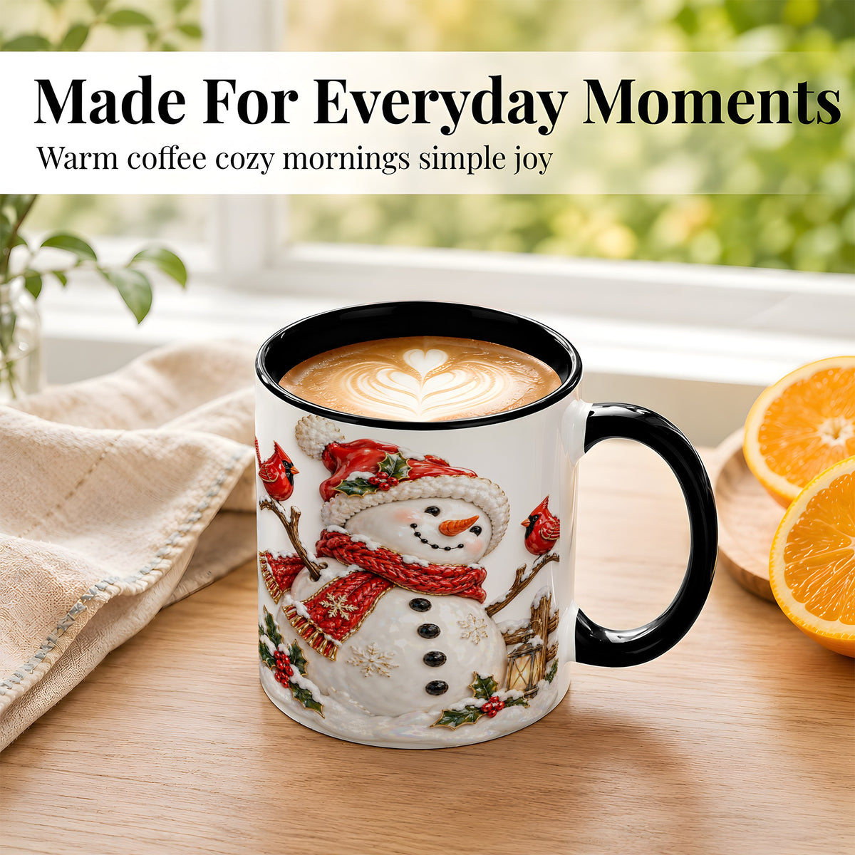 #pl[11oz|Black] Holiday Snowman Coffee Mug, Cardinal Bird Mug, Ceramic Cup