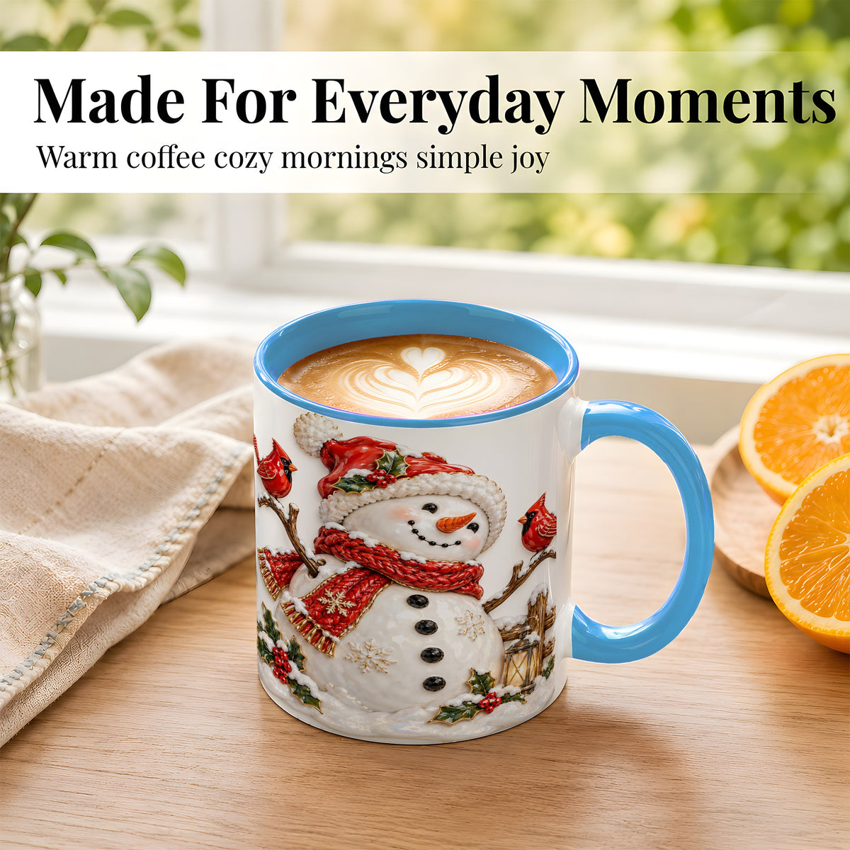#pl[11oz|Blue] Holiday Snowman Coffee Mug, Cardinal Bird Mug, Ceramic Cup