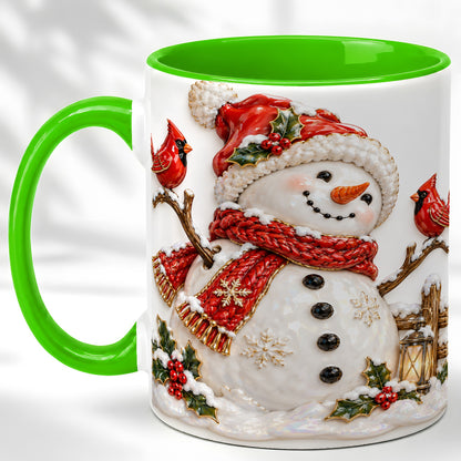 #pl[11oz|Green] Holiday Snowman Coffee Mug, Cardinal Bird Mug, Ceramic Cup