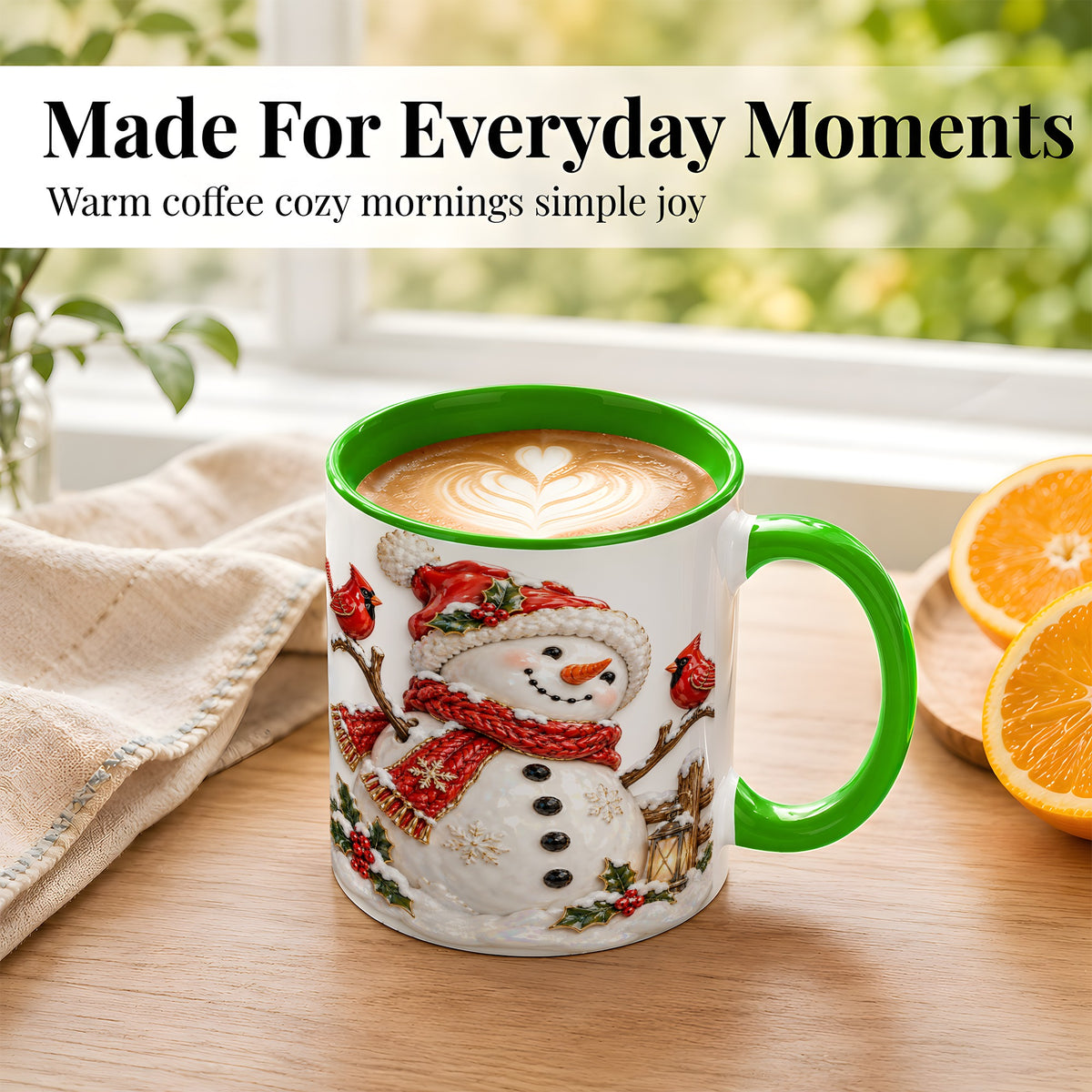 #pl[11oz|Green] Holiday Snowman Coffee Mug, Cardinal Bird Mug, Ceramic Cup