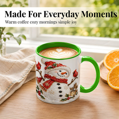 #pl[11oz|Green] Holiday Snowman Coffee Mug, Cardinal Bird Mug, Ceramic Cup