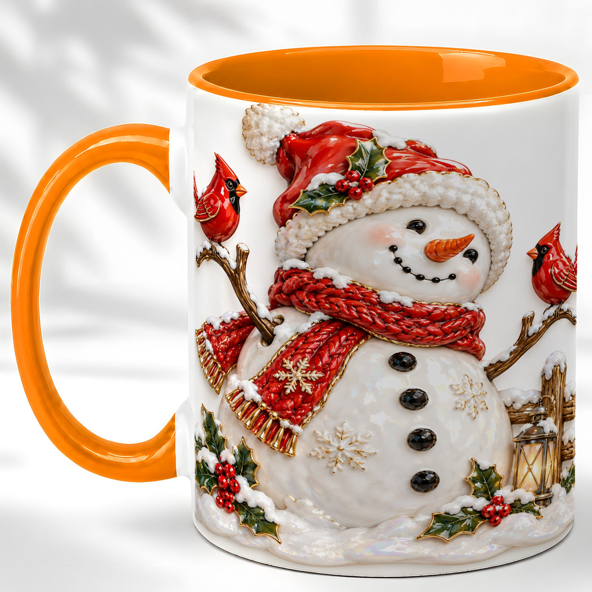#pl[11oz|Orange] Holiday Snowman Coffee Mug, Cardinal Bird Mug, Ceramic Cup