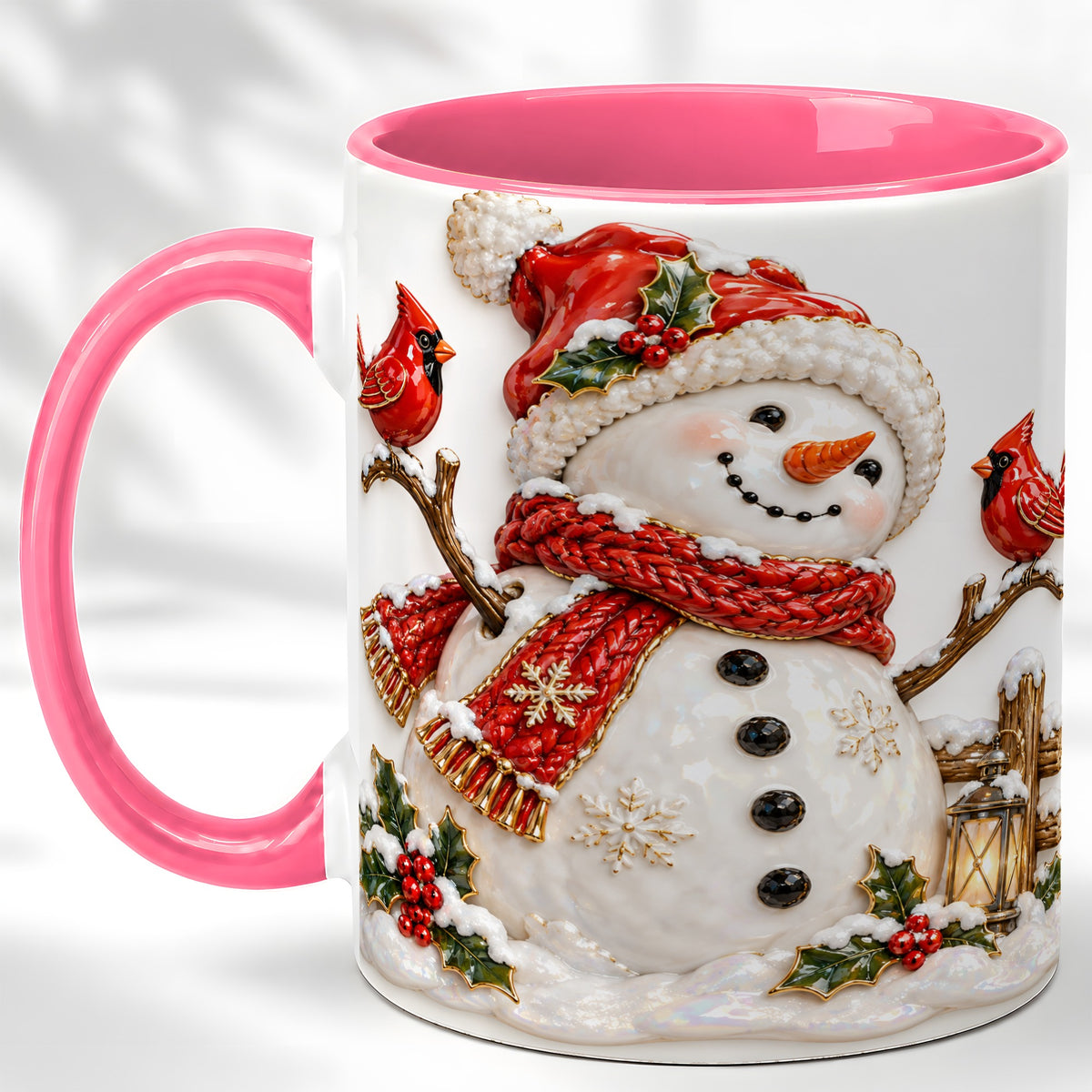 #pl[11oz|Pink] Holiday Snowman Coffee Mug, Cardinal Bird Mug, Ceramic Cup
