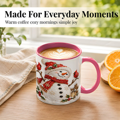 #pl[11oz|Pink] Holiday Snowman Coffee Mug, Cardinal Bird Mug, Ceramic Cup