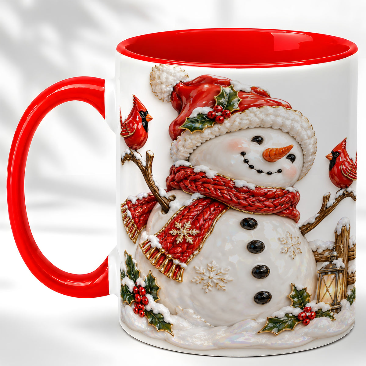 Holiday Snowman Coffee Mug, Cardinal Bird Mug, Ceramic Cup