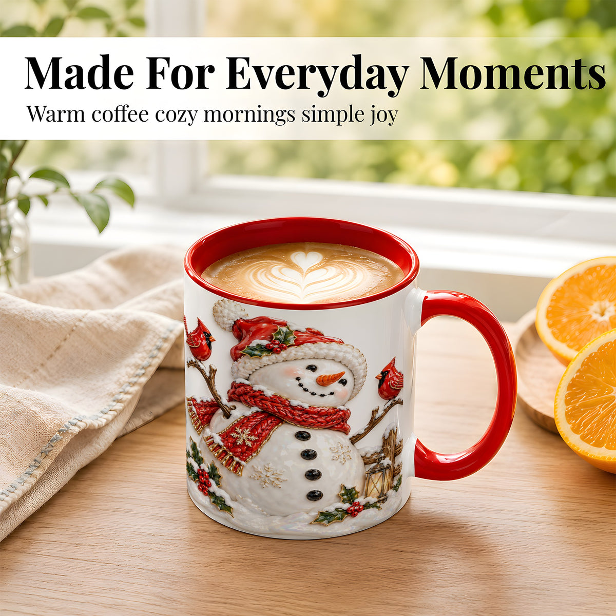 #pl[11oz|Red] Holiday Snowman Coffee Mug, Cardinal Bird Mug, Ceramic Cup