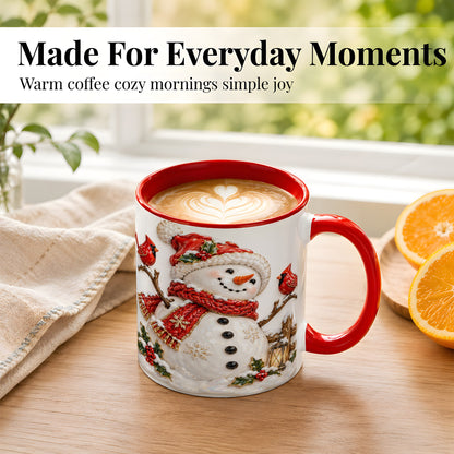 #pl[11oz|Red] Holiday Snowman Coffee Mug, Cardinal Bird Mug, Ceramic Cup