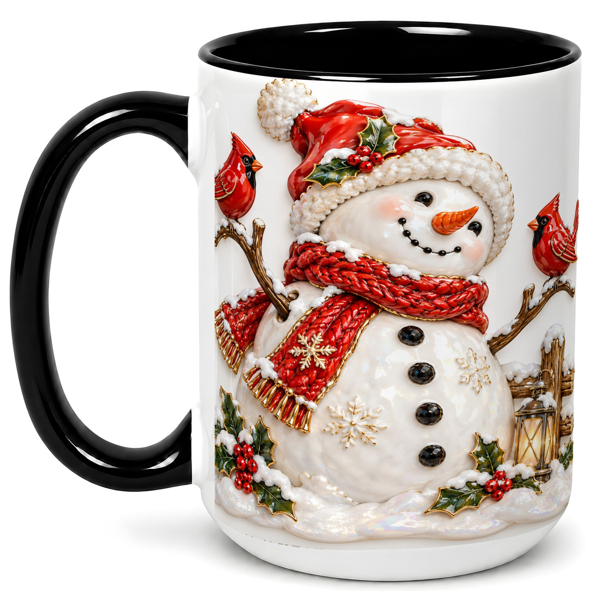 #pl[15oz|Black] Holiday Snowman Coffee Mug, Cardinal Bird Mug, Ceramic Cup