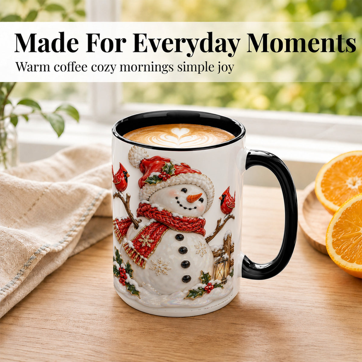 #pl[15oz|Black] Holiday Snowman Coffee Mug, Cardinal Bird Mug, Ceramic Cup