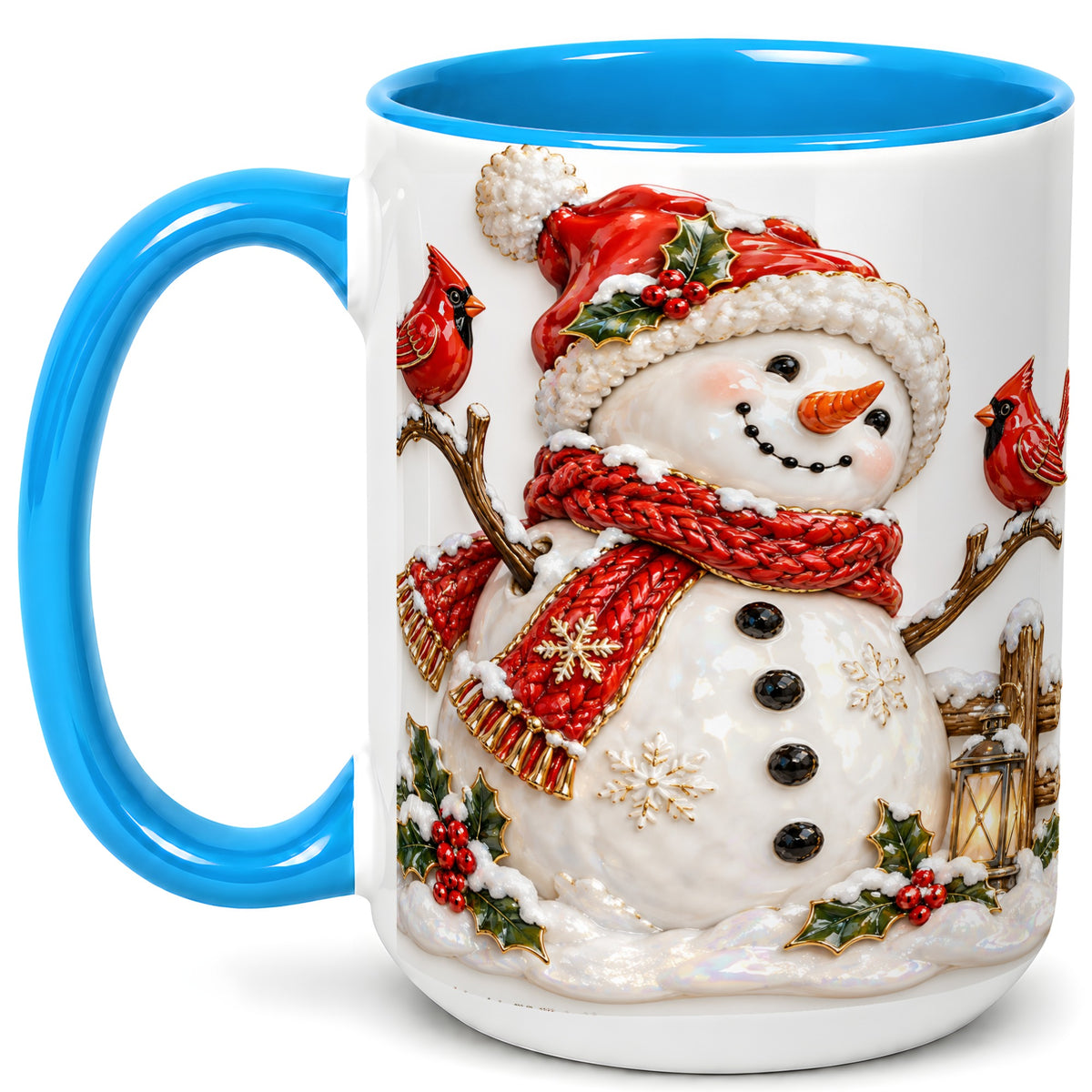 #pl[15oz|Blue] Holiday Snowman Coffee Mug, Cardinal Bird Mug, Ceramic Cup